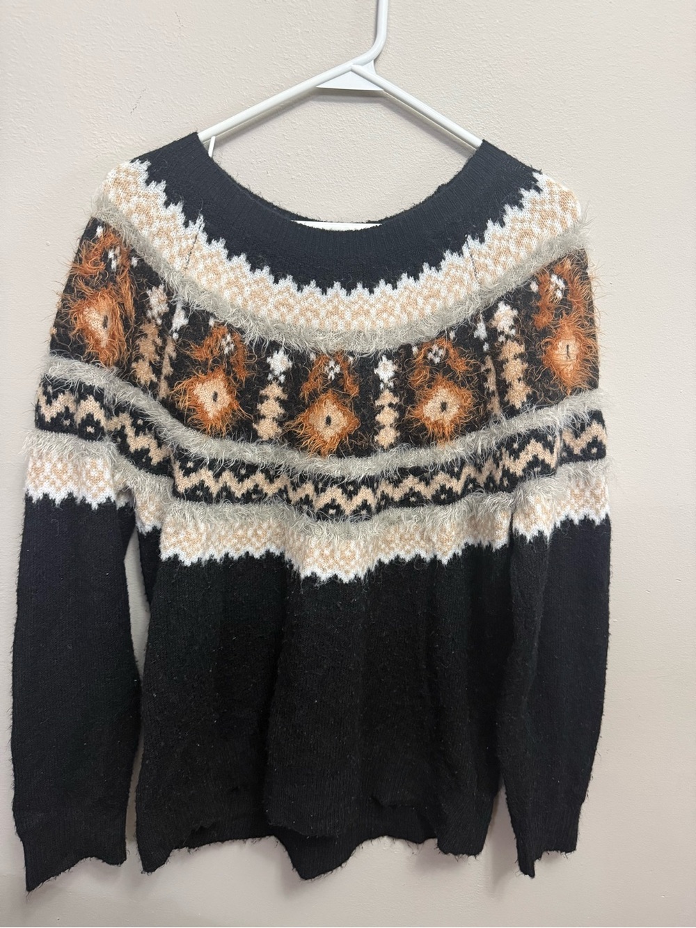 Tribal Black Fair Isle Textured Crewneck Sweater with Cream & Brown Pattern L